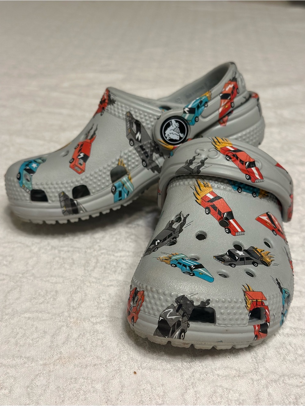 Kids Grey Slip-On Clog Shoes with Race Car Print - Size 8C